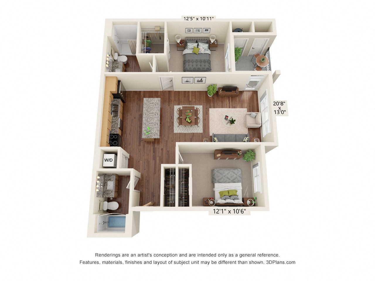 Floor plan for 2 beds, 2 baths, 1097 sqft